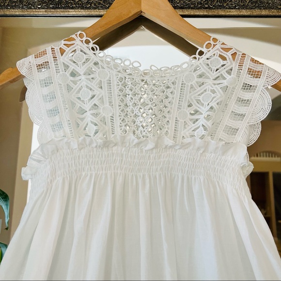 White Eyelet Boho Babydoll Top Blouse Sleeveless Crochet Lace Shirred Tank New! - Picture 5 of 7